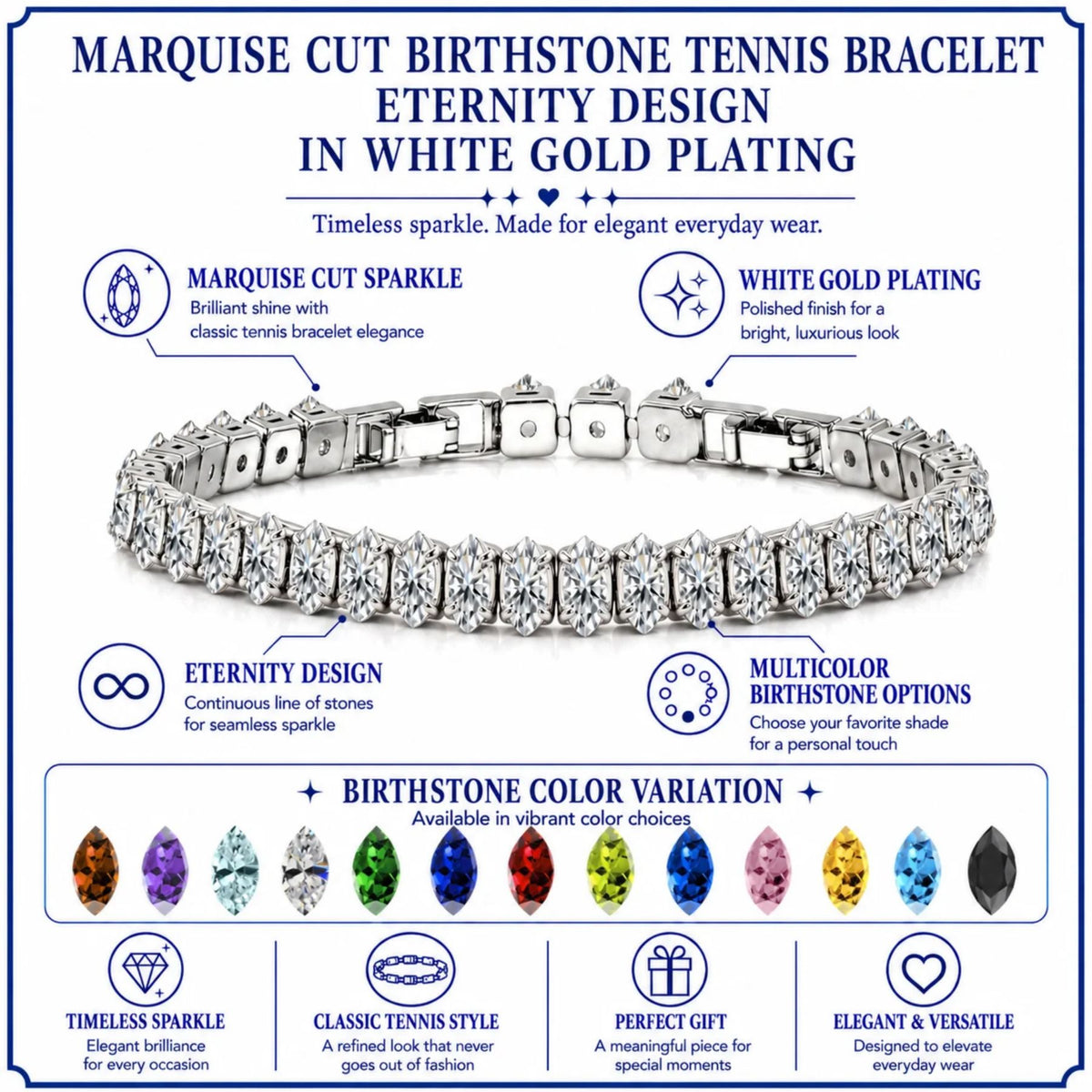 JeenMata 11 TCW April Cubic Zirconia - Marquise Cut Birthstone Tennis Bracelet for Women in Eternity Design - White Gold Plating, Female, Adult