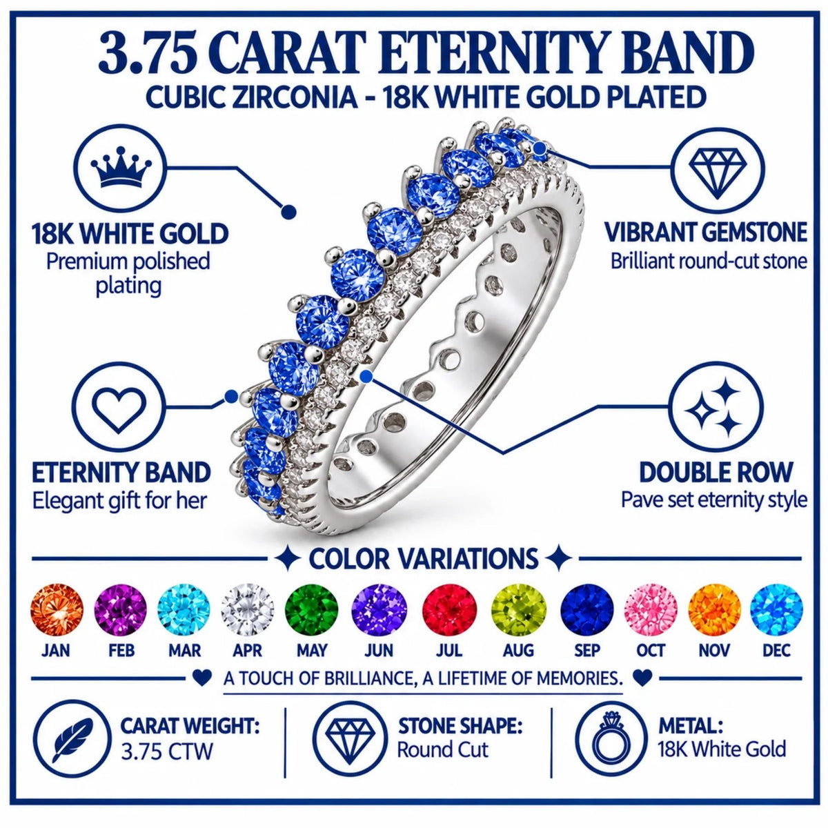 JeenMata 3.75 Carat Round Cut Dowble Row June Birthstone Ring for Her, Alexandrite Cubic Zirconia Eternity Wedding Band Ring, Anniversary Ring in 18K White Gold Plating for Women