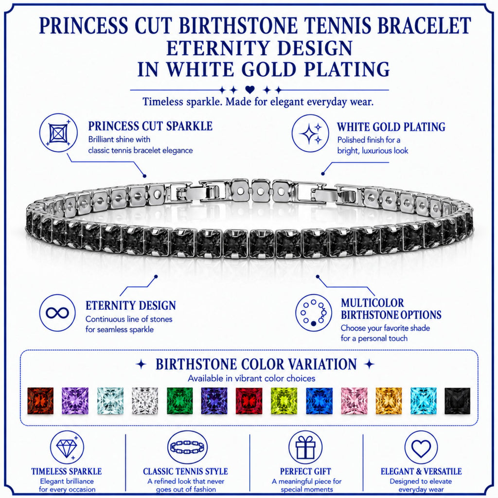 JeenMata 11 Carat Black Cubic Zirconia - Princess Cut Birthstone Tennis Bracelet for Women Eternity Design - White Gold Plating, Birthday, Anniversary, Valentine's Day Gift