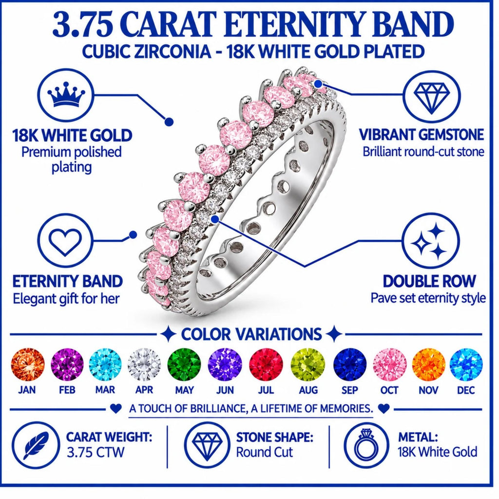 JeenMata 3.75 Carat Round Cut Dowble Row October Birthstone Ring for Her, Pink Tourmaline Cubic Zirconia Eternity Wedding Band Ring, Anniversary Ring in 18K White Gold Plating for Women