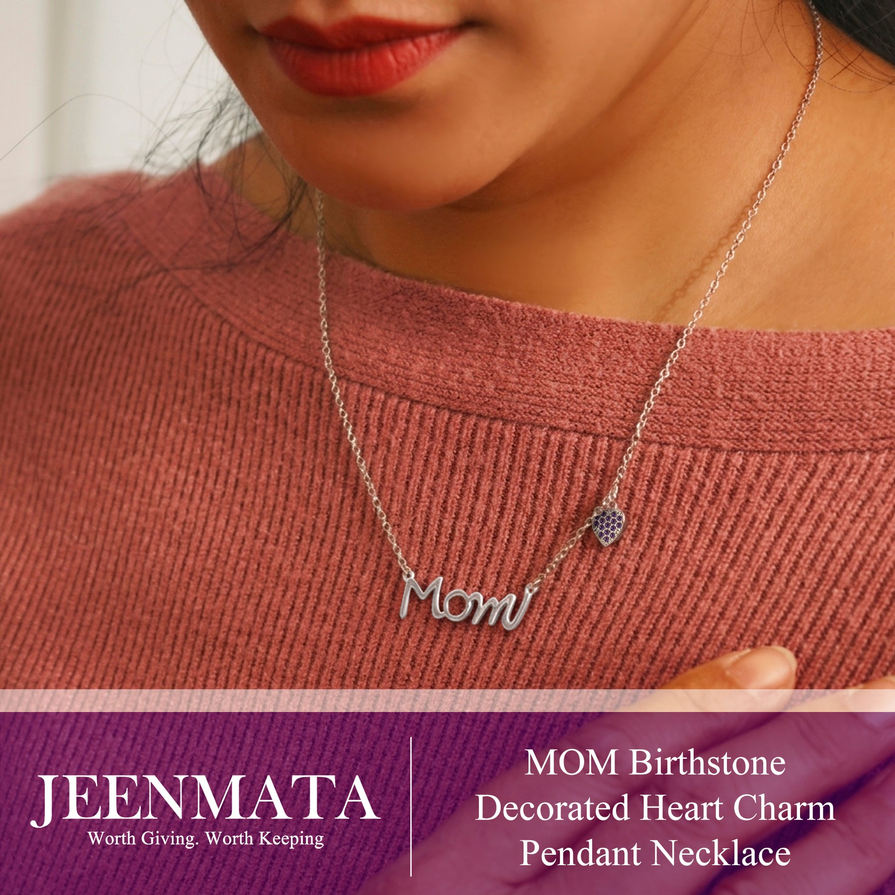 JeenMata Mom Pendant - Garnet January Birthstone Decorated Heart Charm Pendant Necklace in 18K White Gold Plating, Mother's Day, Gift for MOM