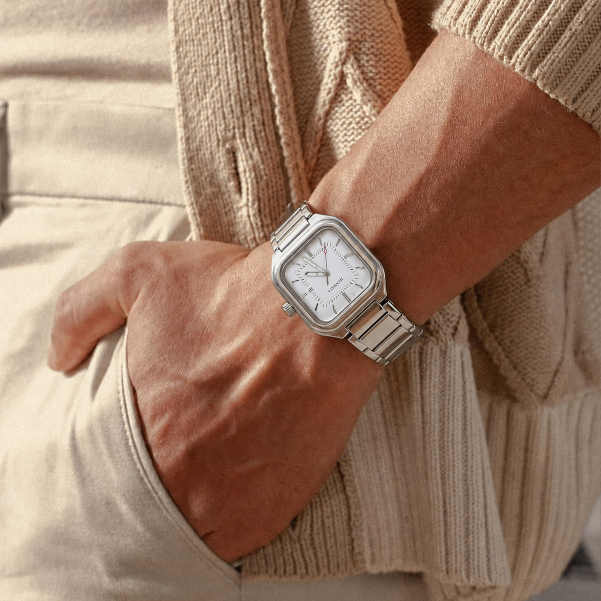 JeenMata Men’s Square Stainless Steel Watch, Water Resistant White Textured Dial with Date Window