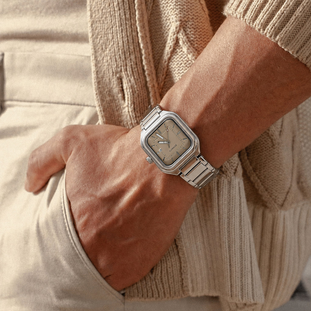 JeenMata Men’s Square Stainless Steel Watch, Water Resistant Beige Textured Dial with Date Window