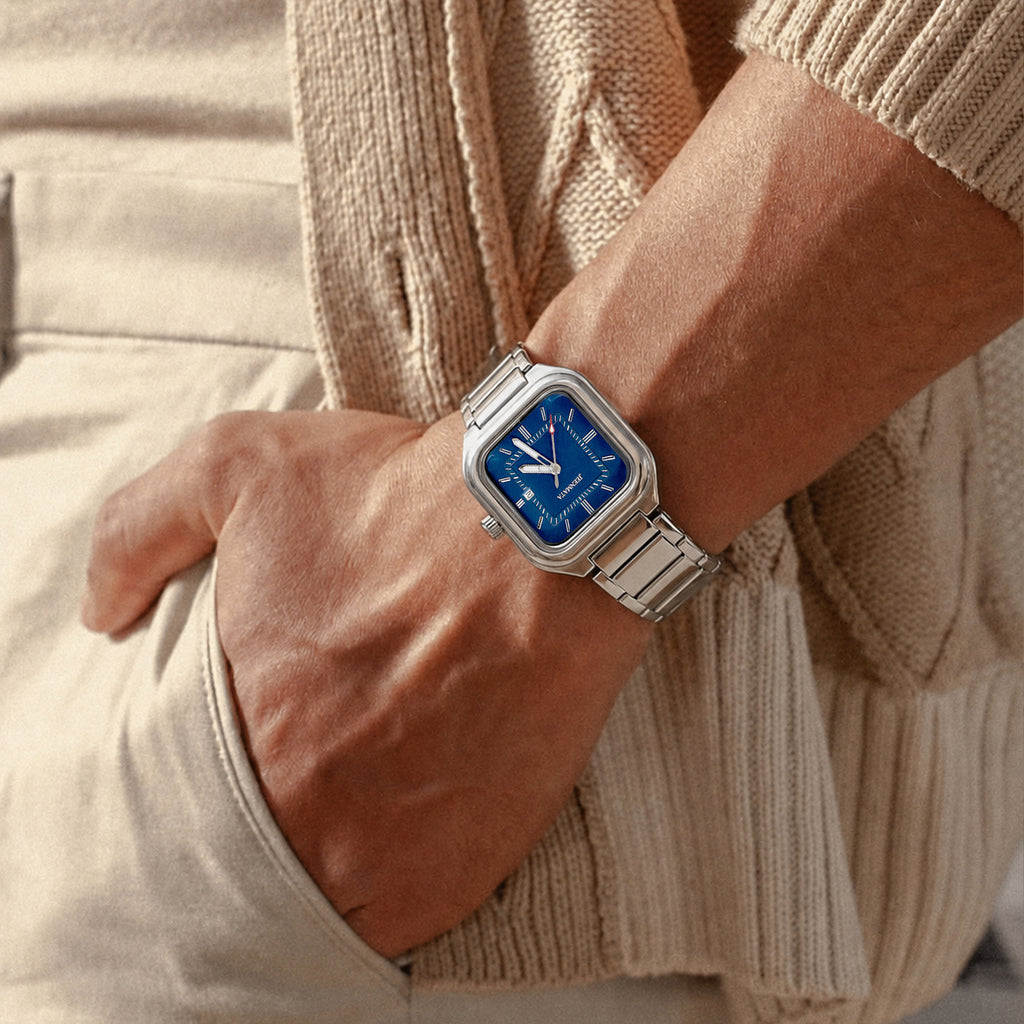 JeenMata Men’s Square Stainless Steel Watch, Water Resistant Blue Textured Dial with Date Window