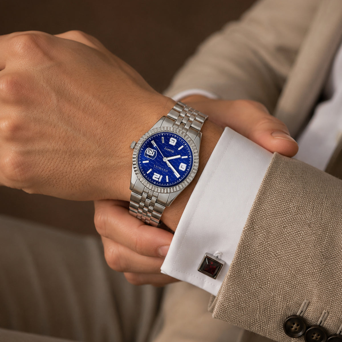 JeenMata Men’s Stainless Steel Fluted Bezel Watch, Water-Resistant Sunray Blue Dial with Date & Cyclops Lens