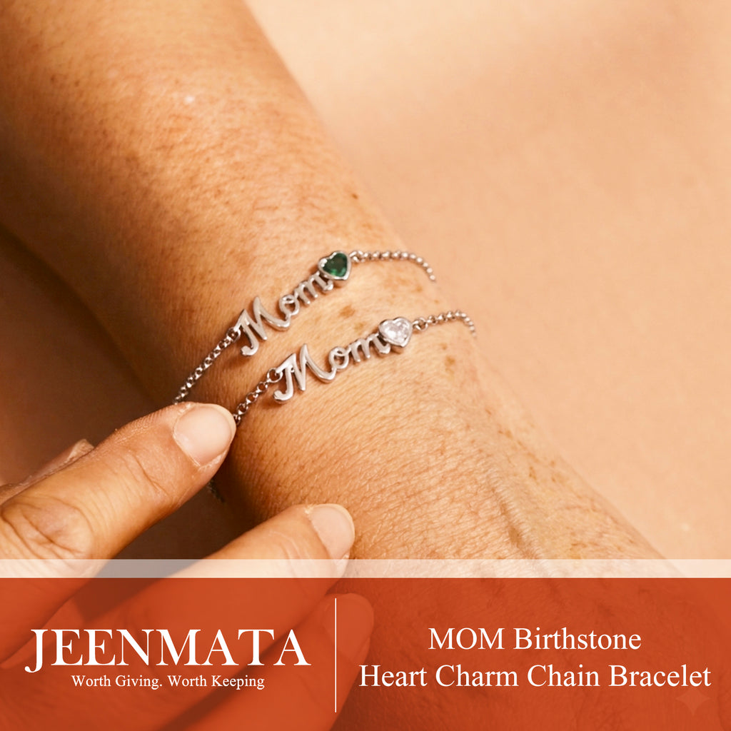 JeenMata MOM May Emerald Birthstone - Heart Charm Chain Bracelet in 18K White Gold Plating for Women, Mother’s Day Gift