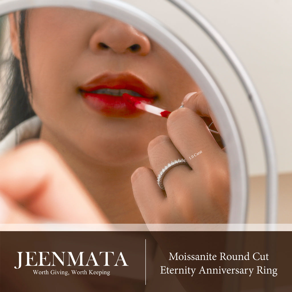 JeenMata 1 Carat Moissanite Round Cut Eternity Anniversary Ring - Classic Eternity Stackable Wedding Rings in 18K White Gold Plating for Women