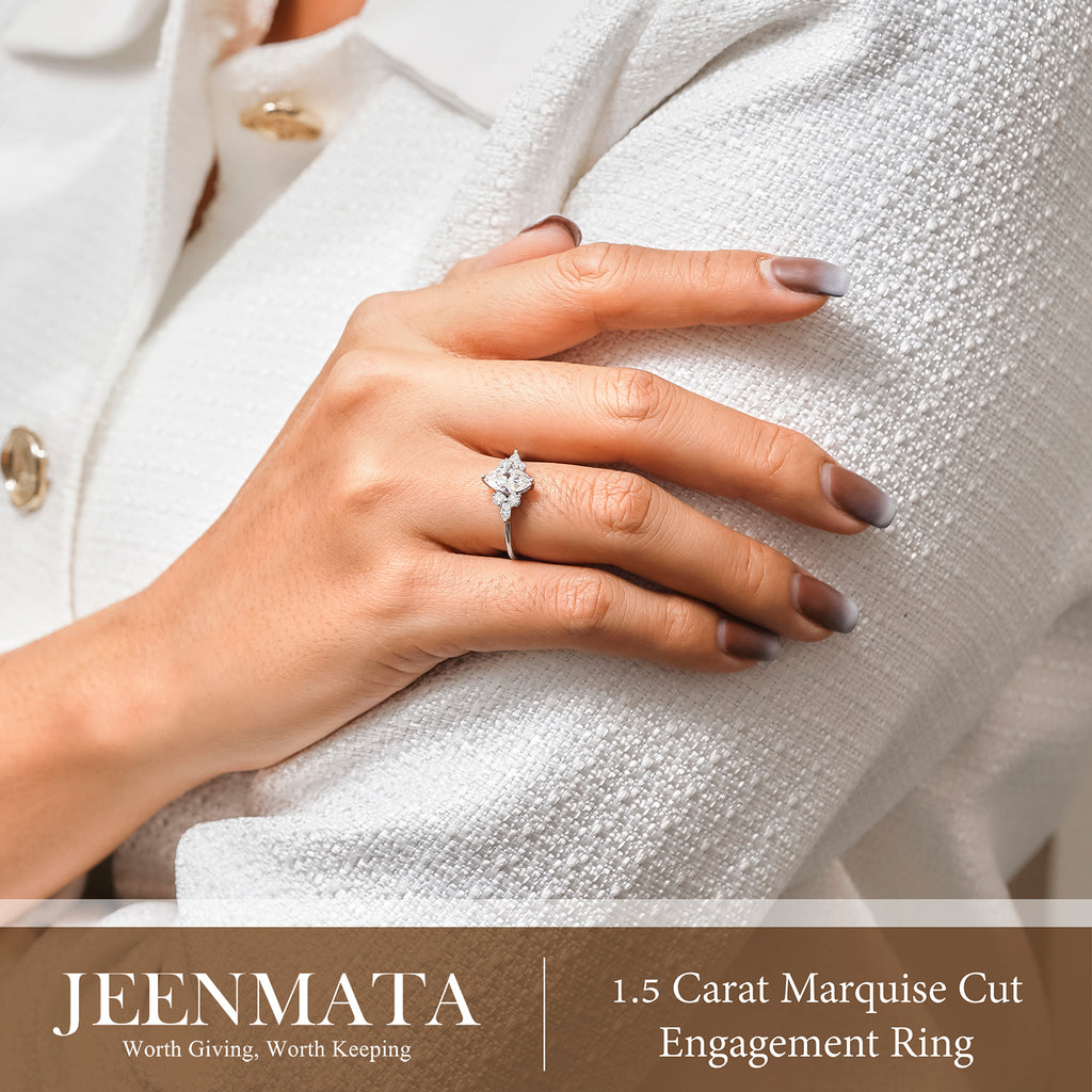 JeenMata 1.5 Carat Marquise Cut Lab Grown Diamond - Engagement Rings in 18K White Gold Plating for Women