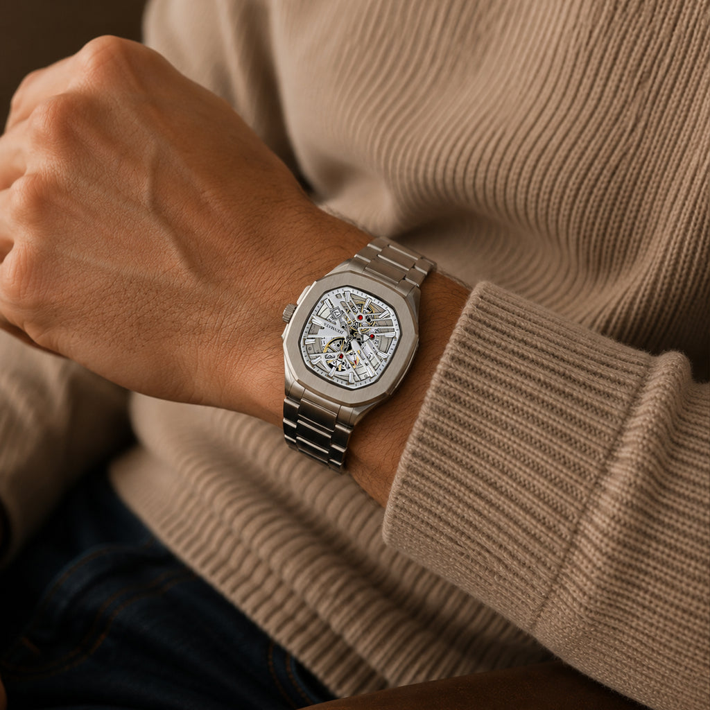 JeenMata Men’s Stainless Steel Octagon Watch, Water-Resistant White Geometric Skeleton Dial