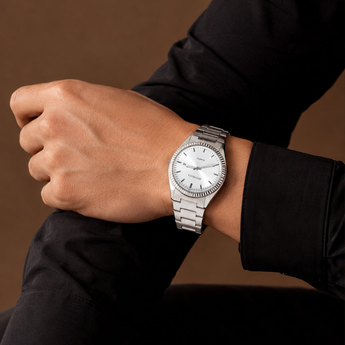 JeenMata Men’s Stainless Steel Integrated Bracelet Watch, Water-Resistant White Dial with Fluted Bezel & Date