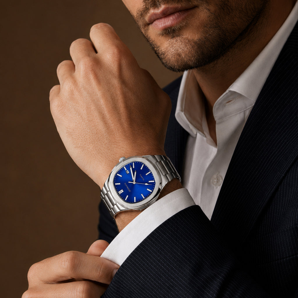 JeenMata Men’s Stainless Steel Nautilus-Style Watch, Water-Resistant Sunray Blue Dial with Date Window