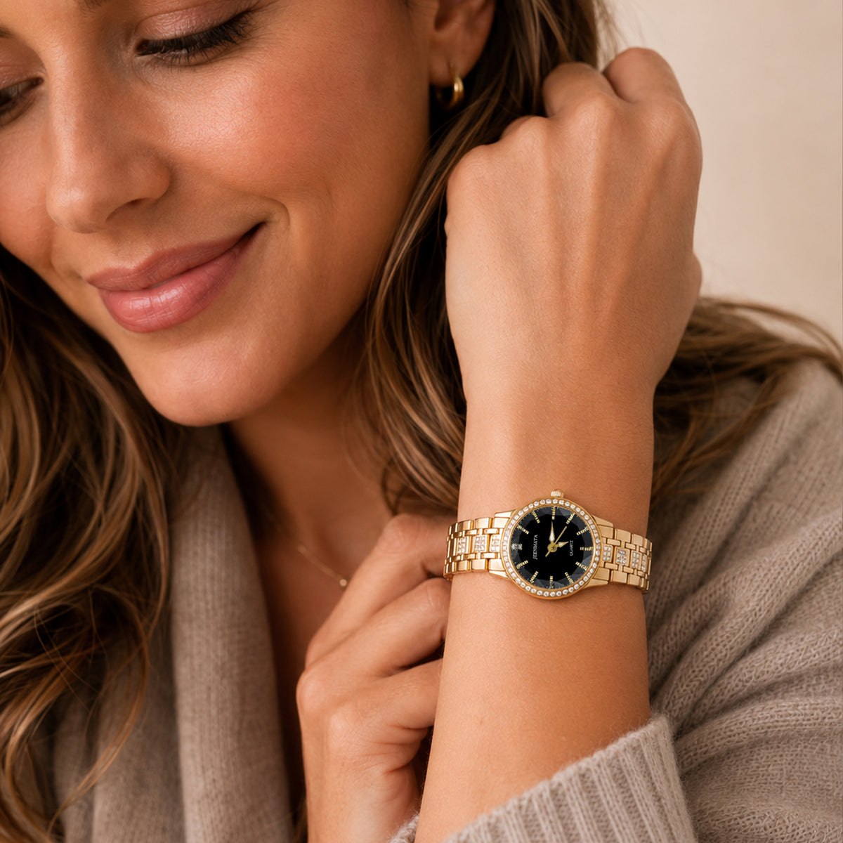JeenMata Women's Gold & Black Dress Watch - Rhinestone Accent Bezel & Band, Black Dial, Water Resistant Stainless Steel Watch