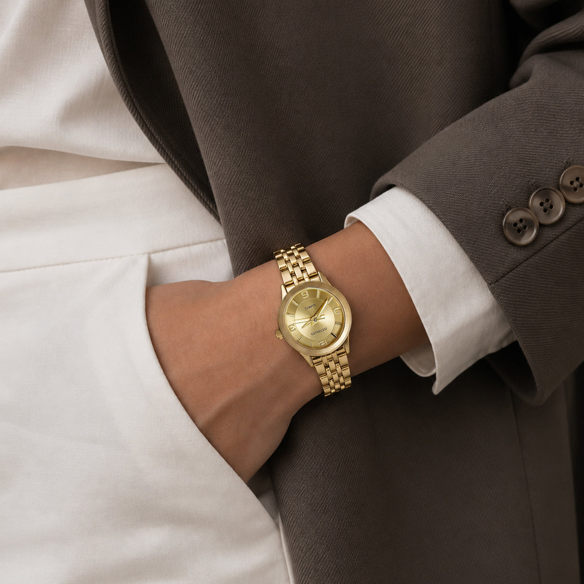 JeenMata Women's All-Gold Classic Watch - Champagne Gold Dial with Crystal Indices, Stainless Steel Bracelet, Water Resistant Quartz Watch