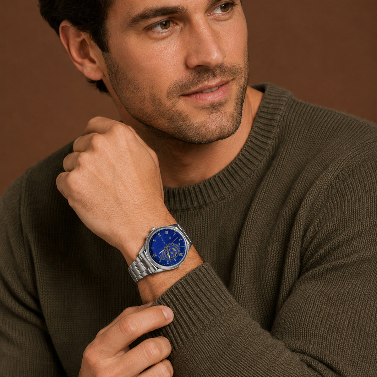 JeenMata Men’s Skeleton Dial Stainless Steel Watch, Water-Resistant Blue Dial with Roman Numerals