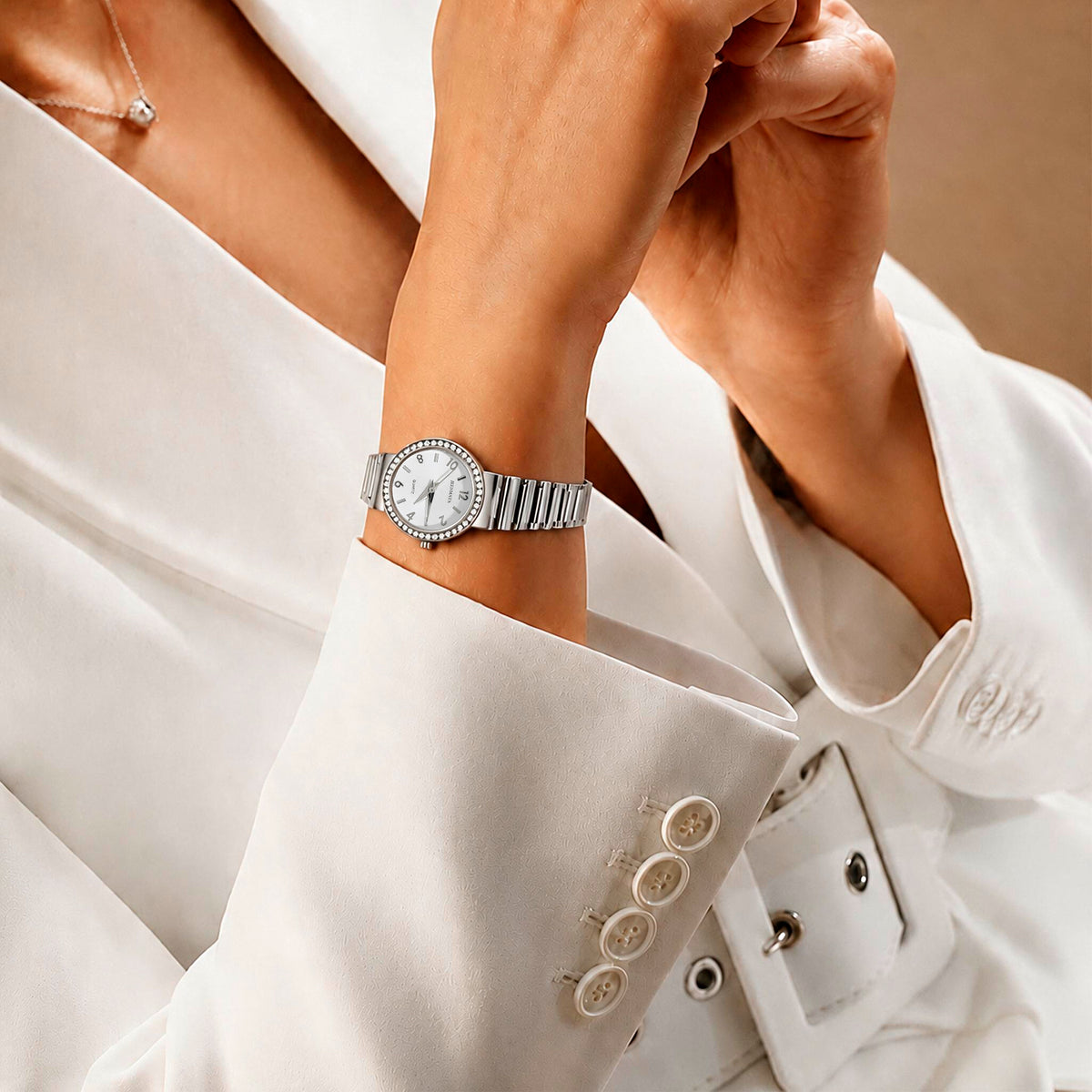 JeenMata Women's Classic Silver Stretch Watch - Crystal Bezel Silver Stainless Steel Expansion Band, White Dial, Water Resistant