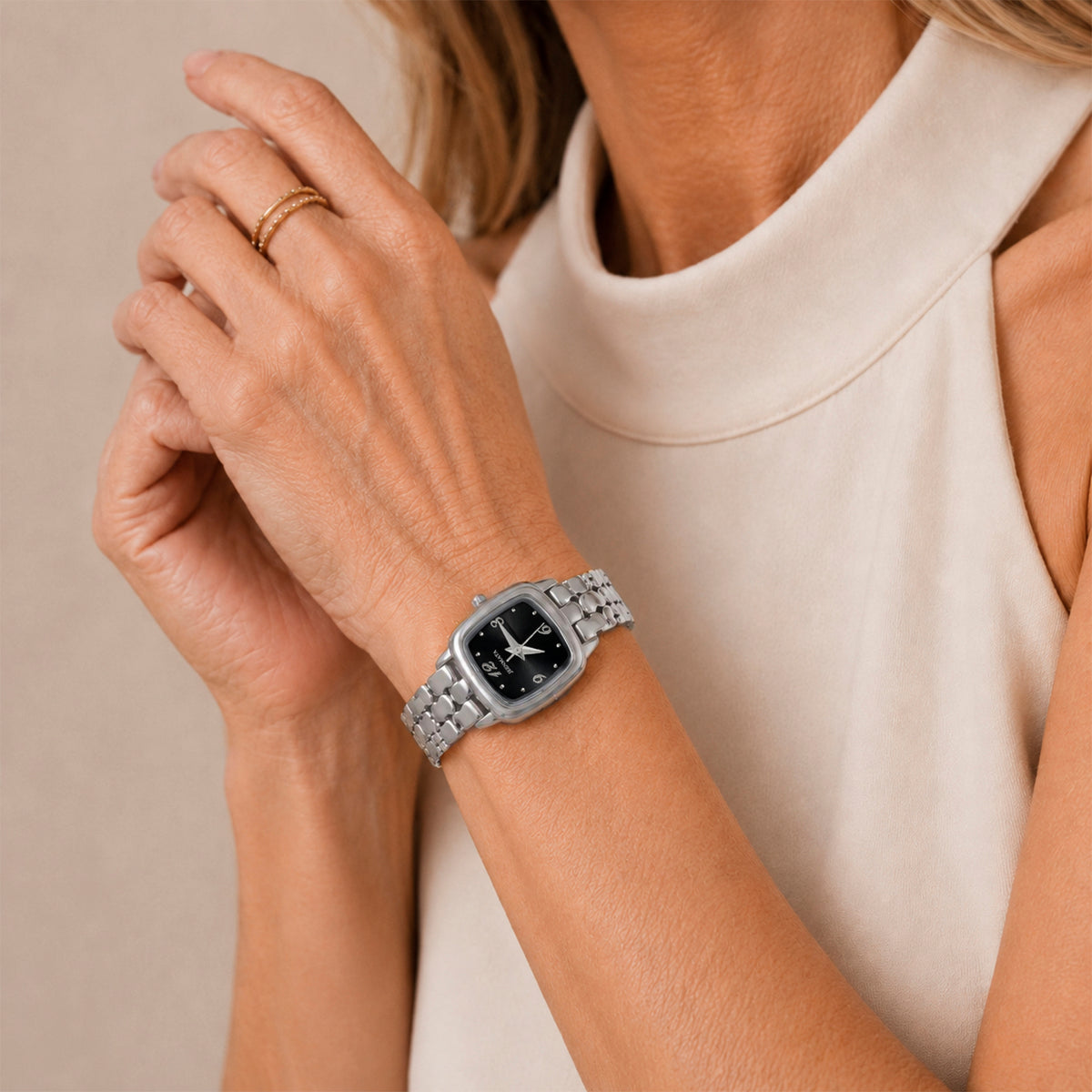 JeenMata Women's Silver & Black Dress Watch - Black Cushion Dial, Silver Stainless Steel Bracelet, Water Resistant Quartz Watch