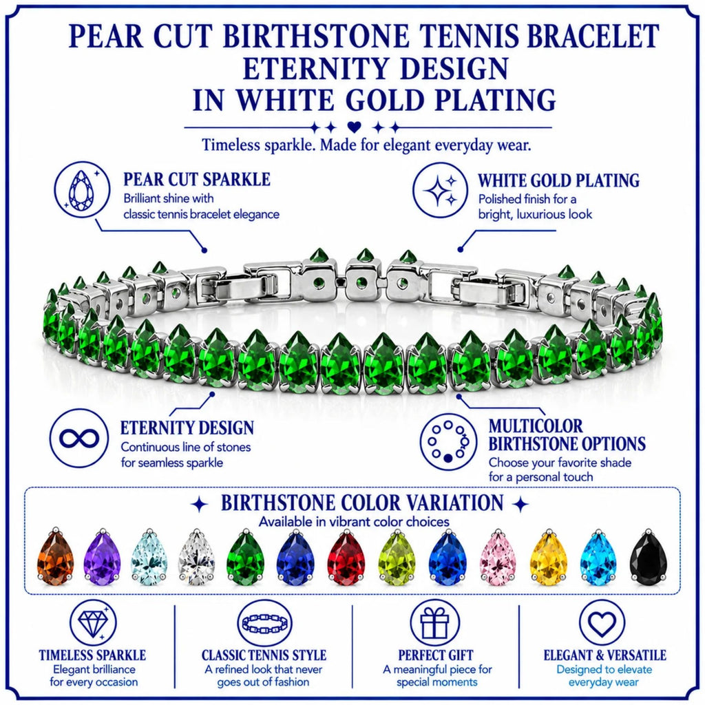 JeenMata 11 TCW May Emerald - Pear Cut Birthstone Tennis Bracelet for Women in Eternity Design - White Gold Plating, Female, Adult