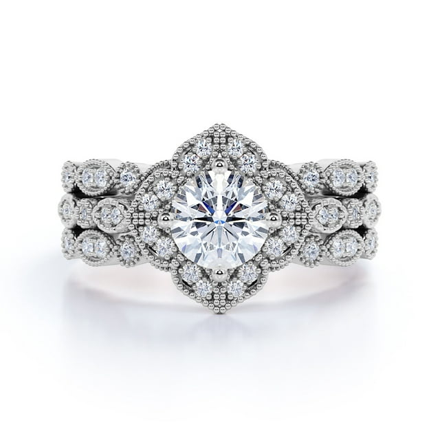 JeenMata 1.75 Carat Round Cut Moissanite Trio Set - Bridal Set - Wedding Trio Set - Solitaire Ring - Anniversary Ring - 18k White Gold Over Silver