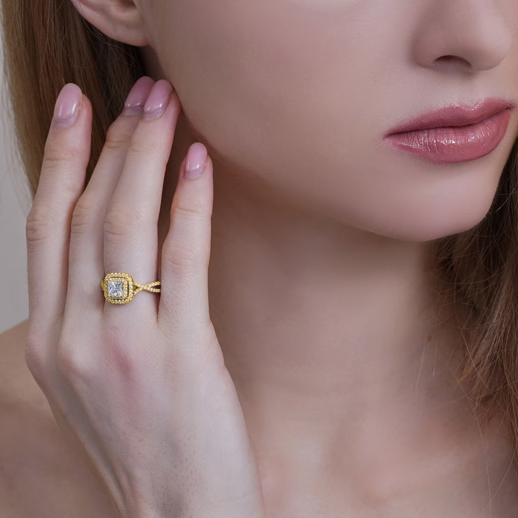 JeenMata 1 Carat Princess Cut Moissanite Engagement Ring - Bridal Set - Double Halo Ring - Cluster Ring - 18k Yellow Gold Plated for Women