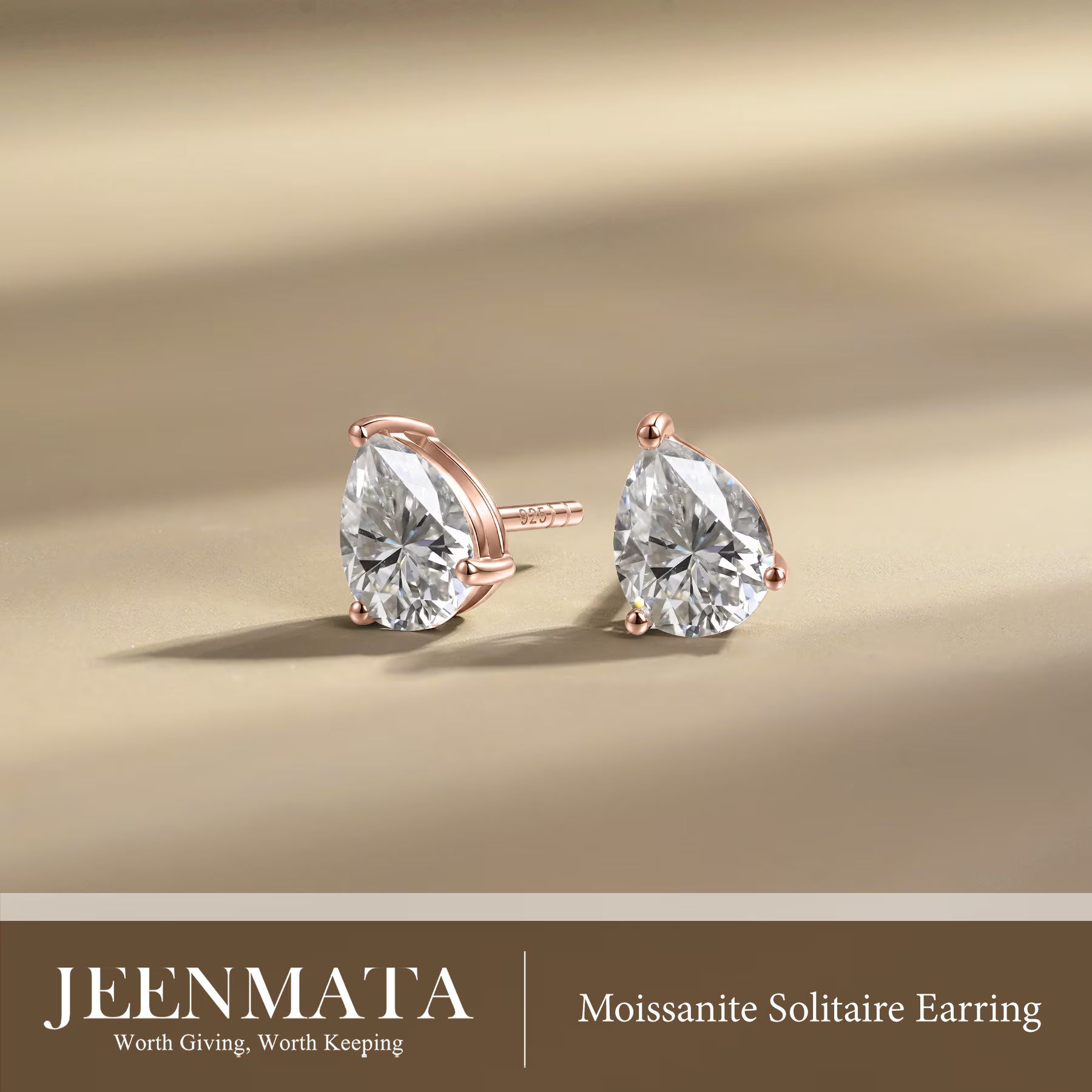 JeenMata Minimalist - 1 Carat Teardrop Moissanite - Solitaire Stud Earrings in 18k Rose Gold Plating for Women