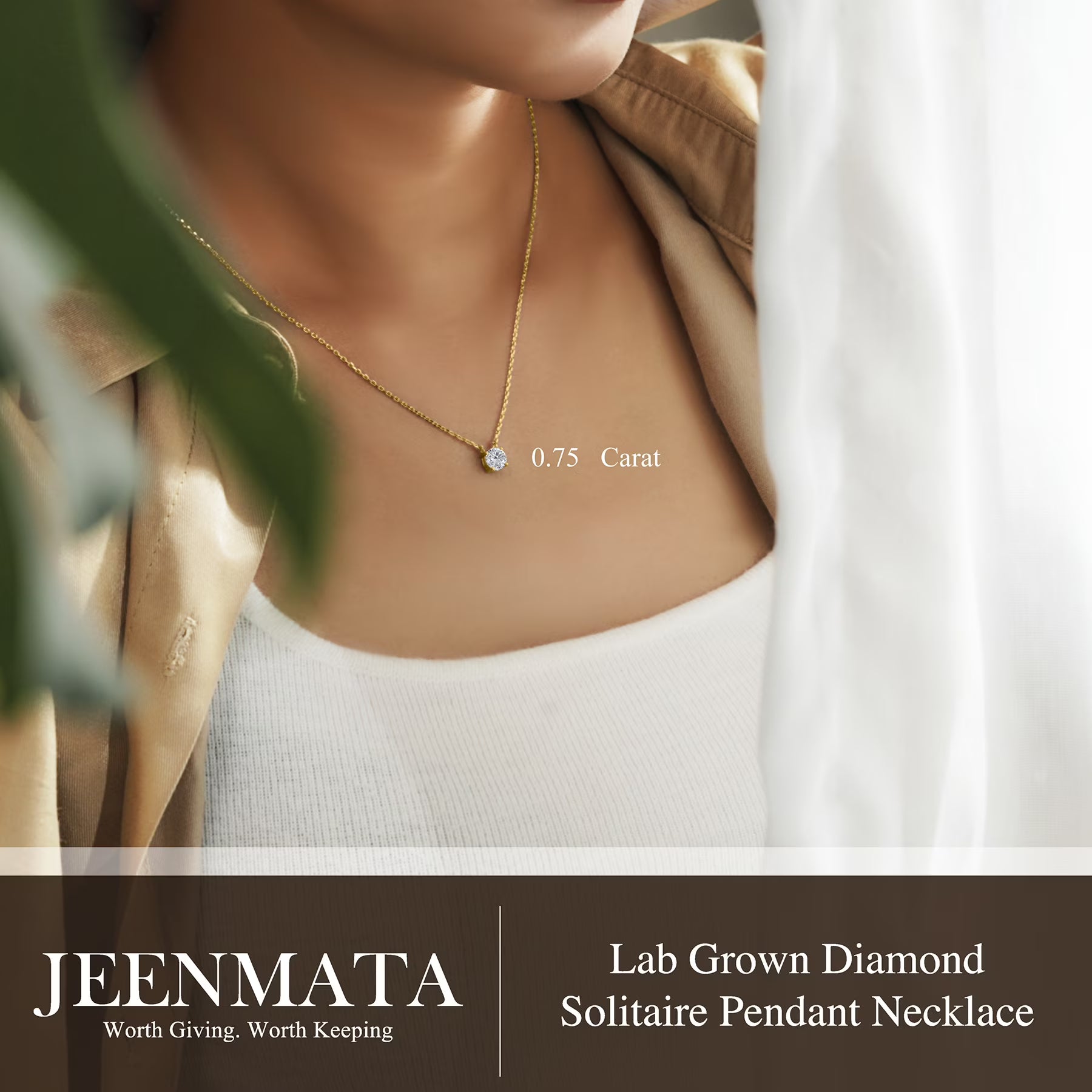 JeenMata Lab Grown Diamond 0.75 Carat Round Cut Classic Solitaire Pendant Necklace - in 18K Yellow Gold Plating for Women