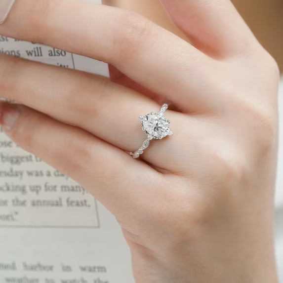 JeenMata 1.5 Carat Moissanite Oval Shape - Vintage Filigree Bezel 5-Stone Milgrain Decorative Engagement Ring In 18K White Gold Plating for Women