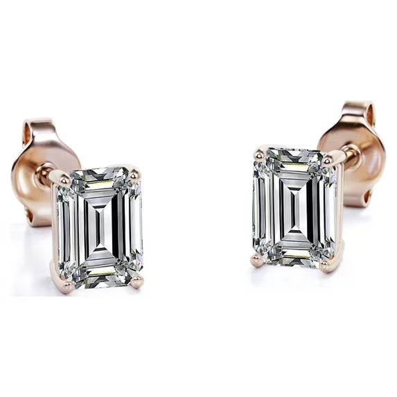 JeenMata Minimalist 1 Carat Emerald Cut Moissanite Solitaire Stud Earrings In 18K Rose Gold Plating Over Silver