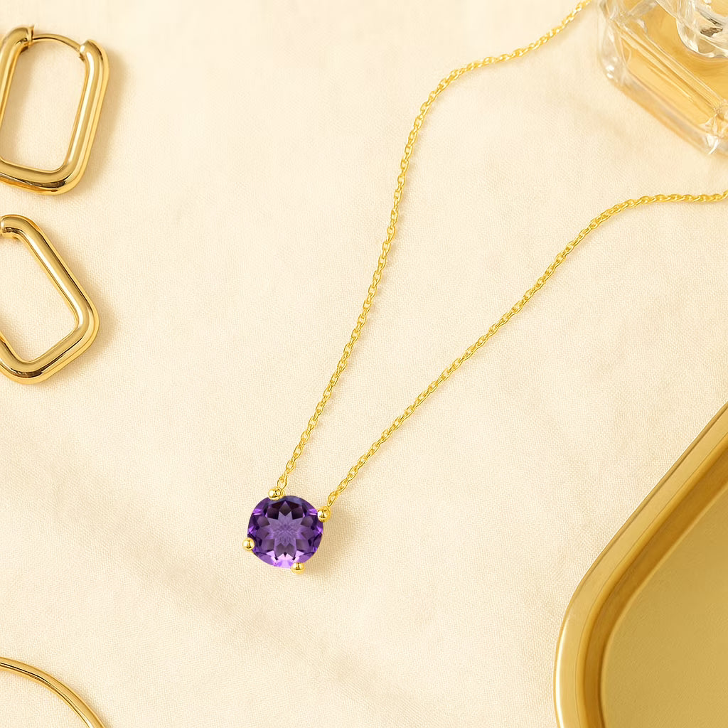 JeenMata 1.75 Carat Amethyst - February Birthstone Solitaire Pendant Necklace in 18K Yellow Gold Plated, Female, Adult