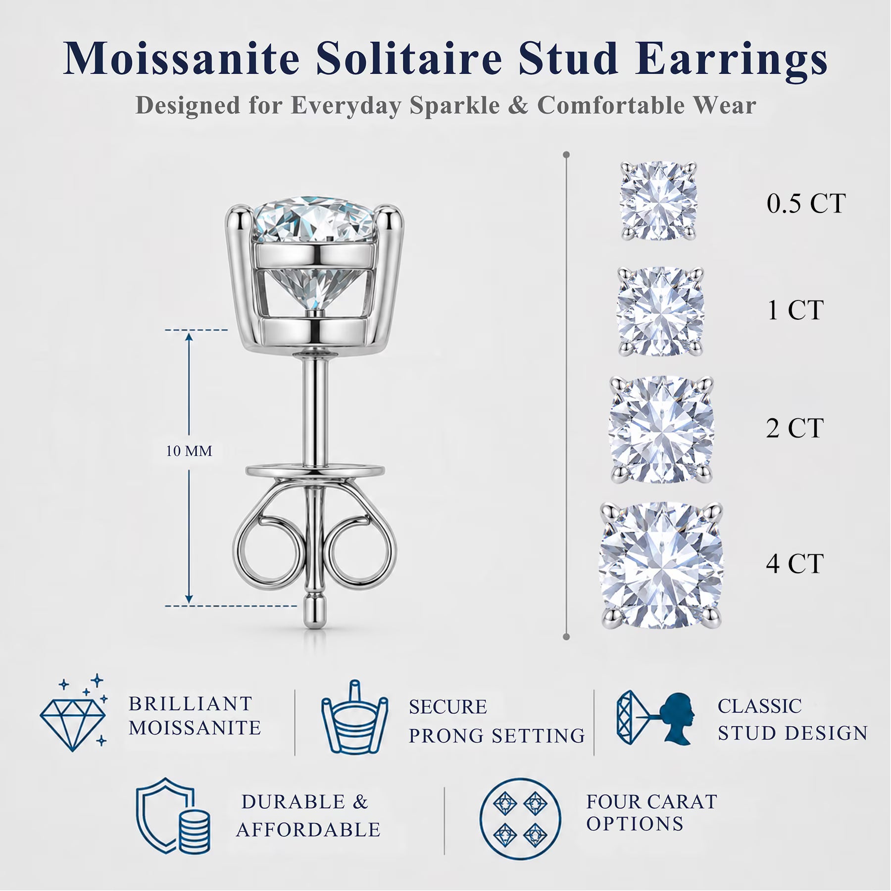 JeenMata 1 Carat Cushion Solitaire Moissanite Stud Earrings for Women, Earrings for Men, 18K White Gold Plated, Hypoallergenic Earrings, D VS1, Stud Earring for Woman, Jewelry, Gift, Earrings