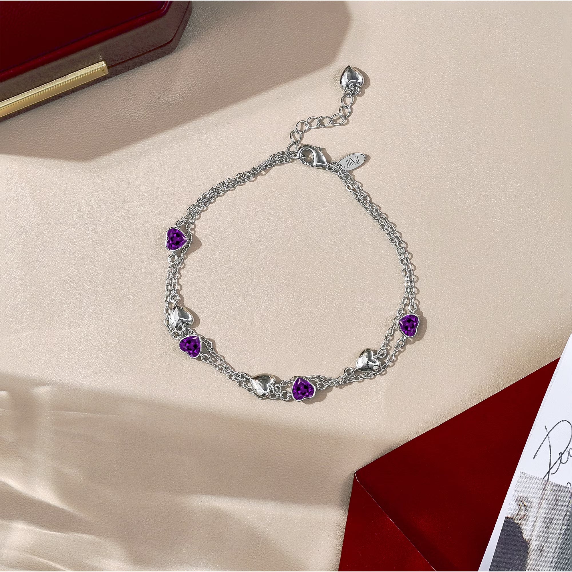 JeenMata 3 Carat February Birthstone Heart Bracelet - Double Heart Bracelet in 18K White Gold Plating for Women