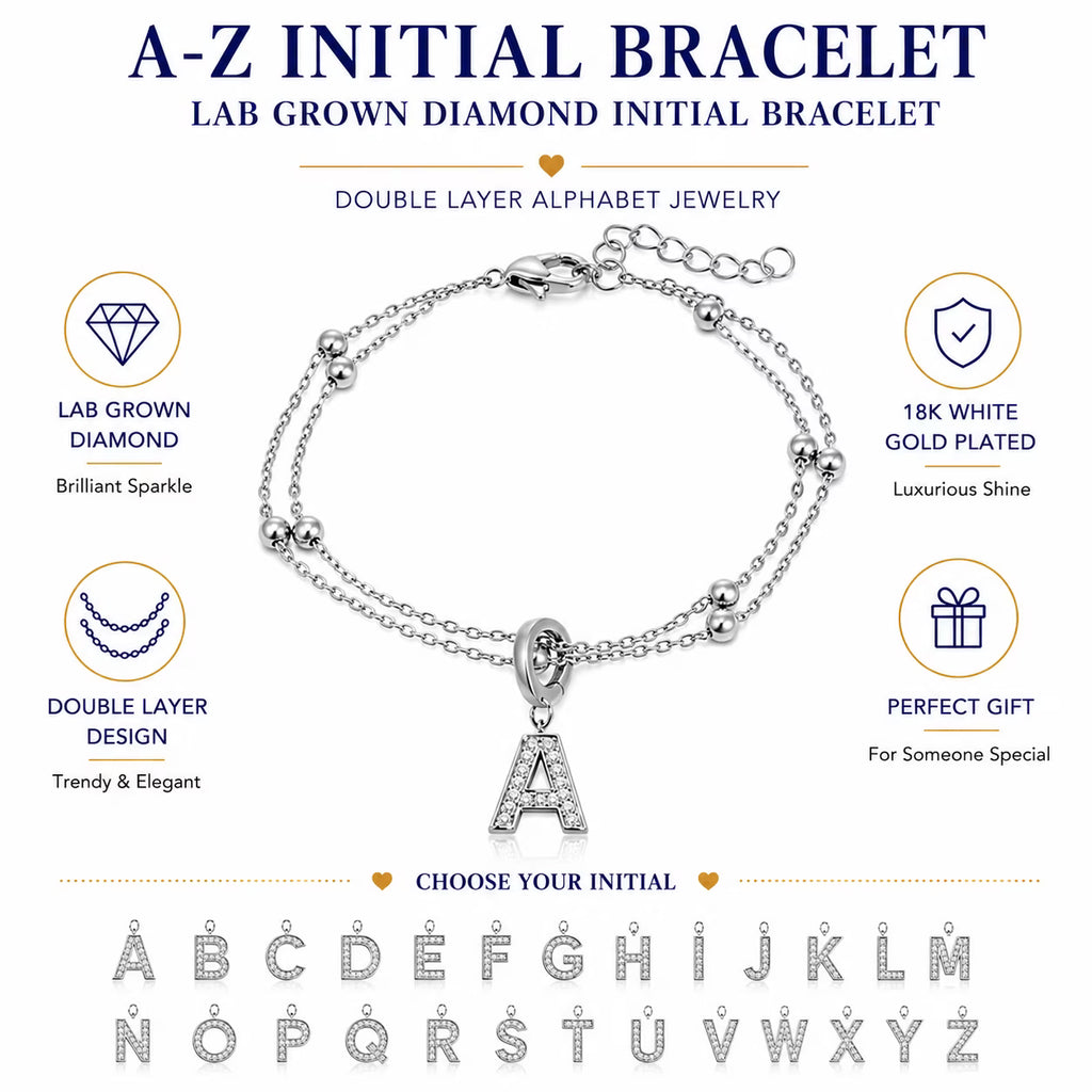 JeenMata Lab Grown Diamond Initial "A" Letter Bracelets - Double Layer Alphabet Jewelry Bracelet - 18K White Gold Plating for Women Jewelry