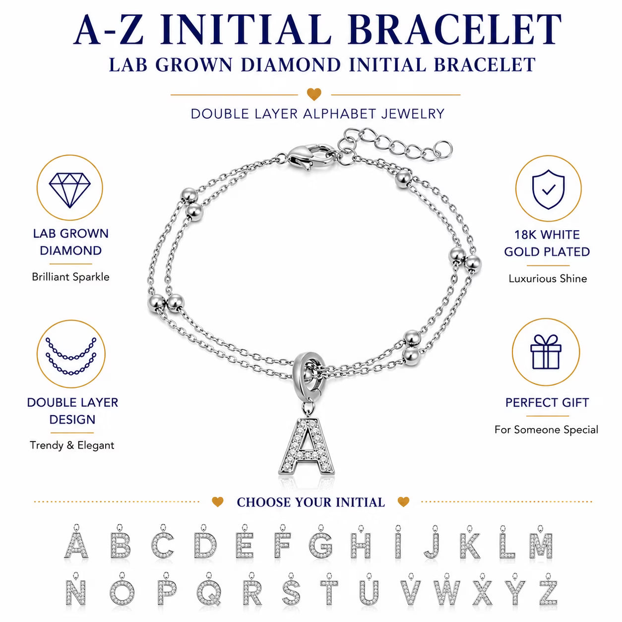 JeenMata Lab Grown Diamond Initial "A" Letter Bracelets - Double Layer Alphabet Jewelry Bracelet - 18K White Gold Plating for Women Jewelry