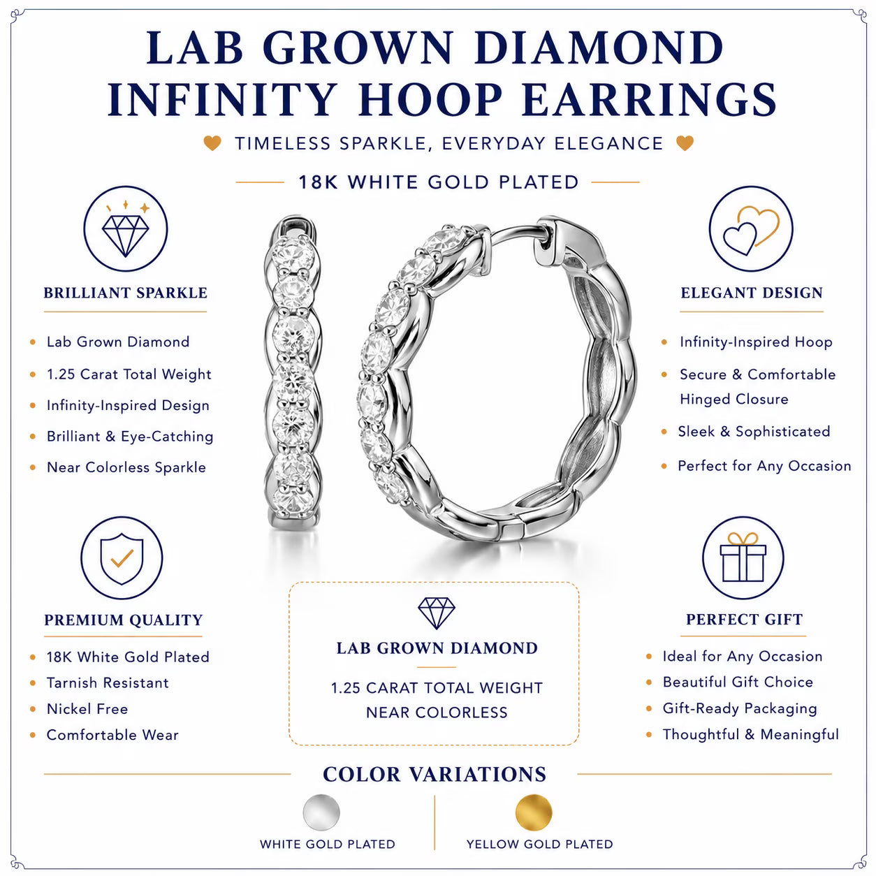 JeenMata Lab Grown Diamond 1.25 Carat Infinity-Inspired Hoop Earrings in 18K White Gold Plating for Women