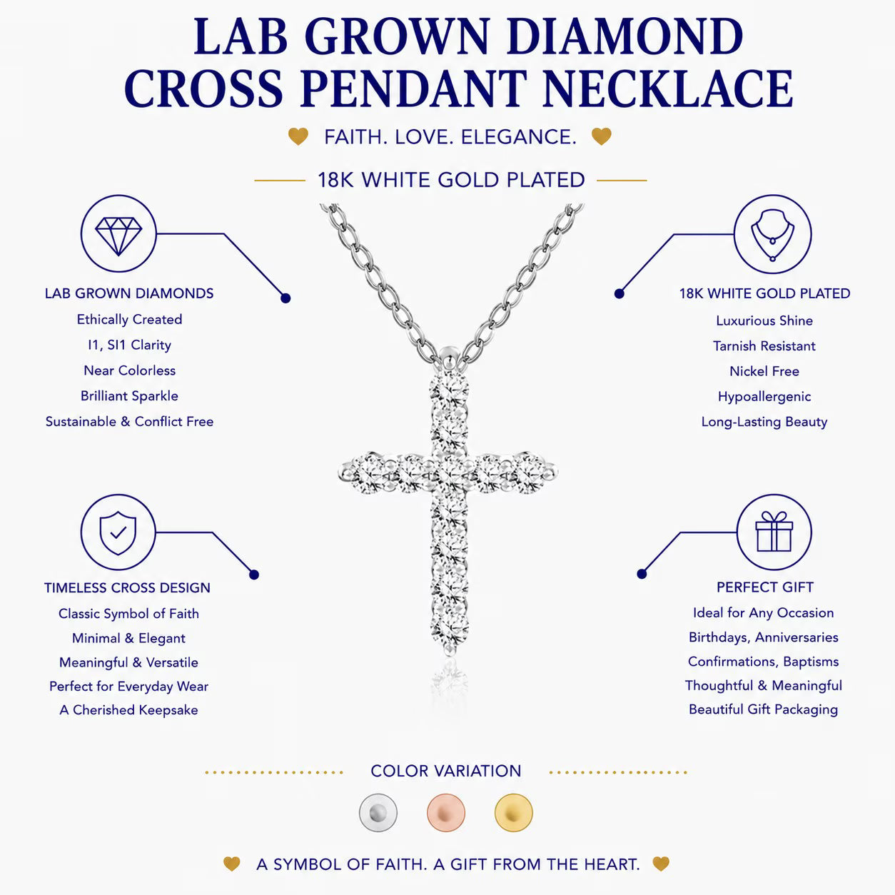 JeenMata Lab Grown Diamond Cross Pendant Necklace in 18K White Gold Plating for Women