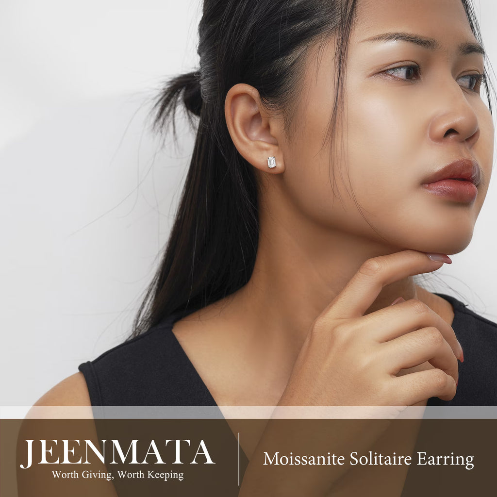JeenMata Minimalist 2 Carat Emerald Cut Moissanite Solitaire Stud Earrings in 18k White Gold Plating for Women