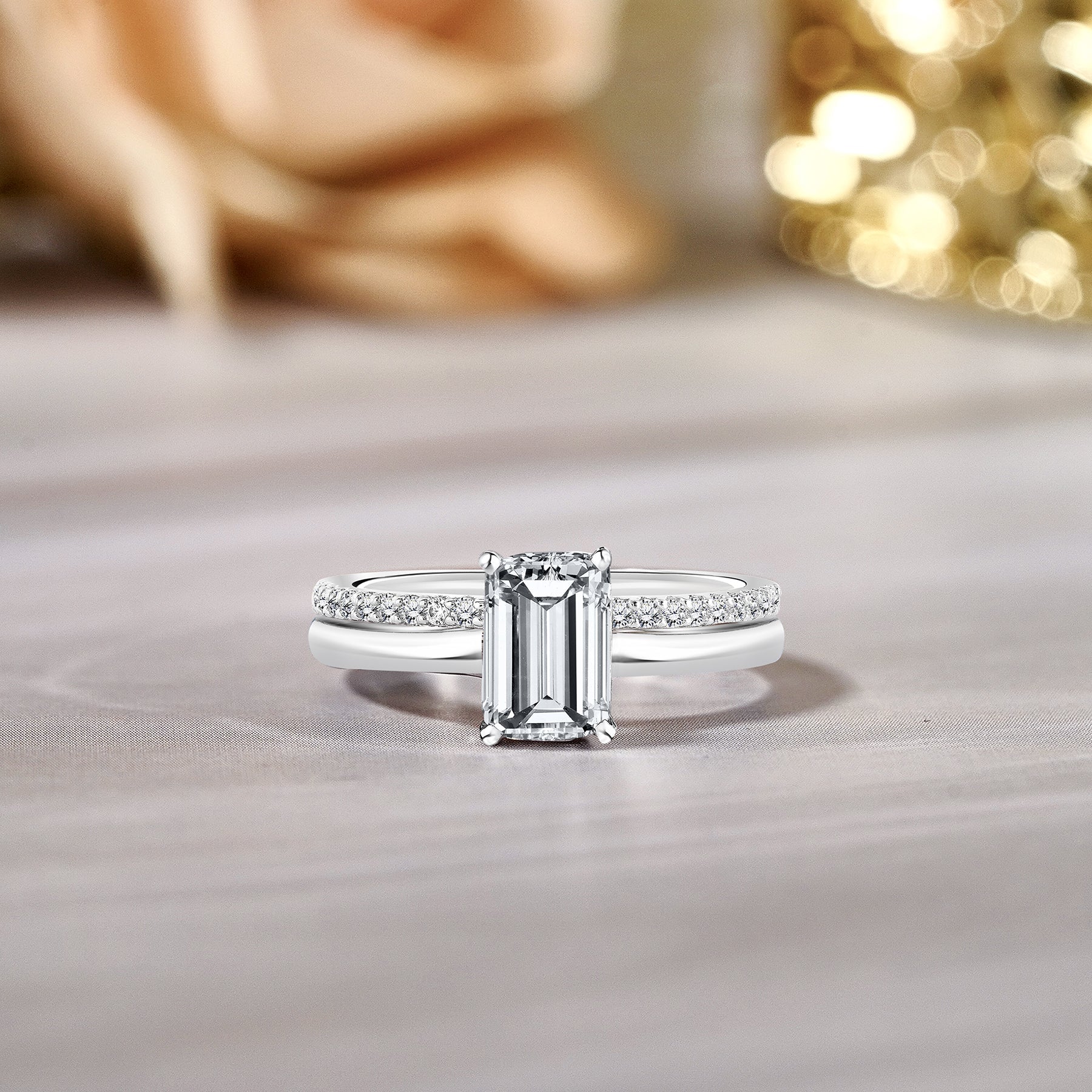 1 Carat Emerald Cut Moissanite Pave Bridal Set