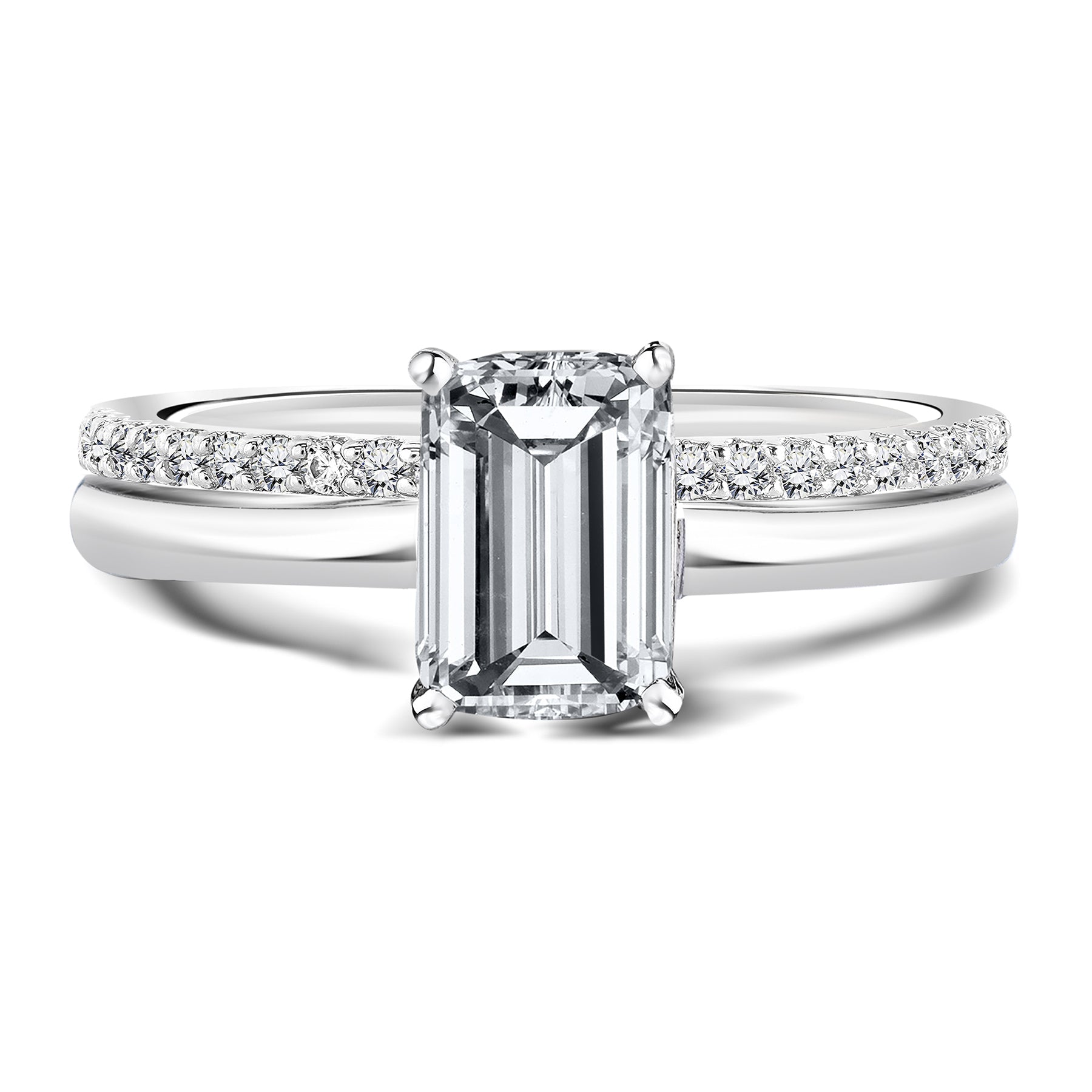 1 Carat Emerald Cut Moissanite Pave Bridal Set