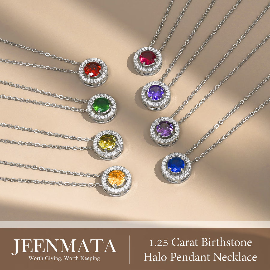 JeenMata Solitaire 1.25 Carat Round Cut - Emerald - May Birthstone Halo Pendant Necklace in White Gold Plating, Adult, Female