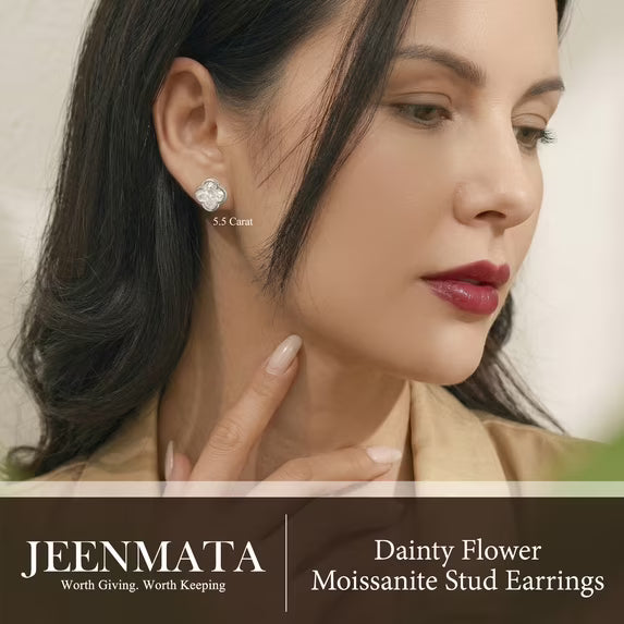JeenMata 5.5 Carat Danity Flower Moissanite Stud - Floral Cut Earrings in 18K White Gold Plating for Women