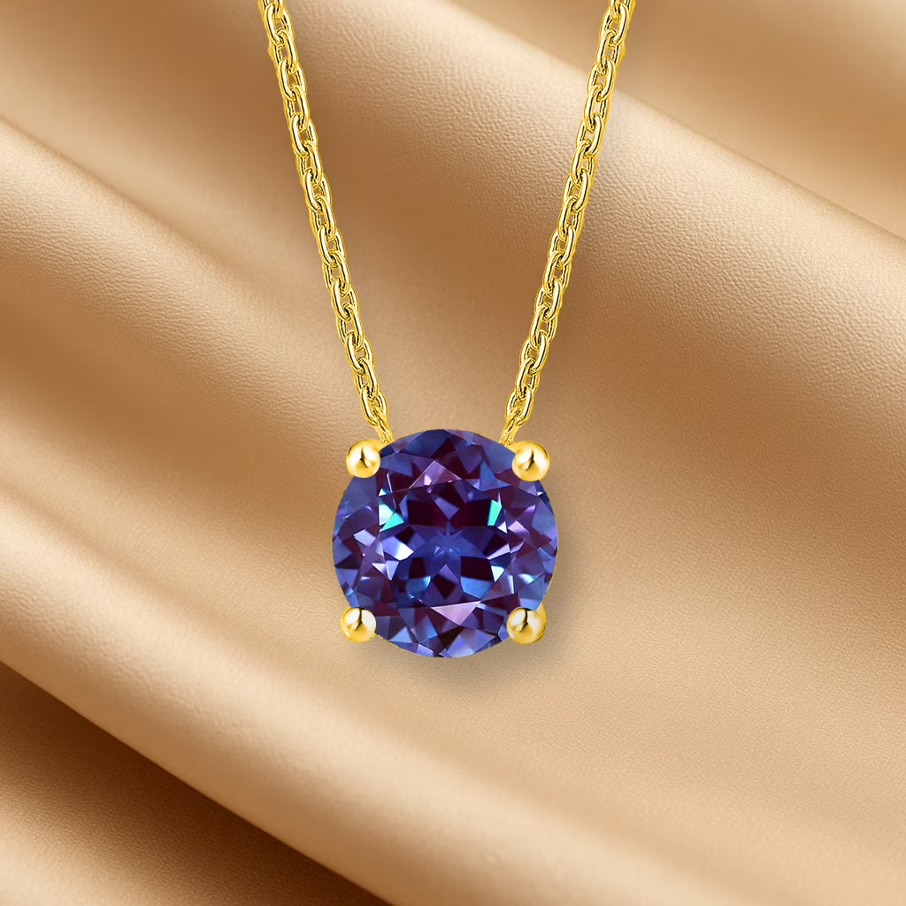 JeenMata 1.75 Carat Alexandrite - June Birthstone Solitaire Pendant Necklace in 18K Yellow Gold Plated, Female, Adult
