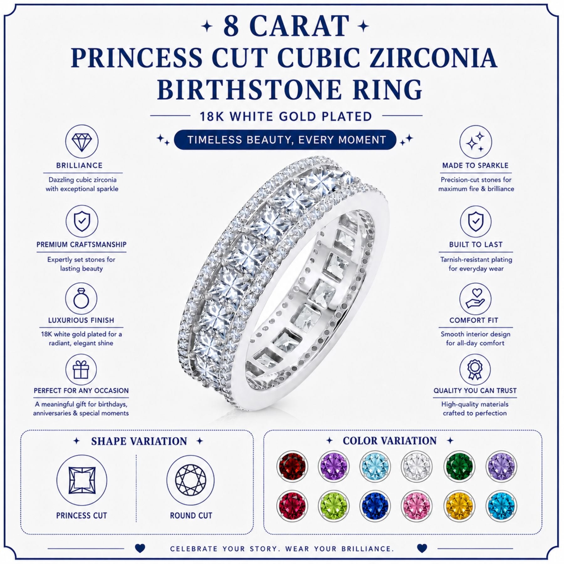 JeenMata 8 Carat Princess Cut - January Birthstone Eternity Ring in 18K White Gold Plating for Women - Stackable Wedding Anniversary Promise Band with Garnet Cubic Zirconia