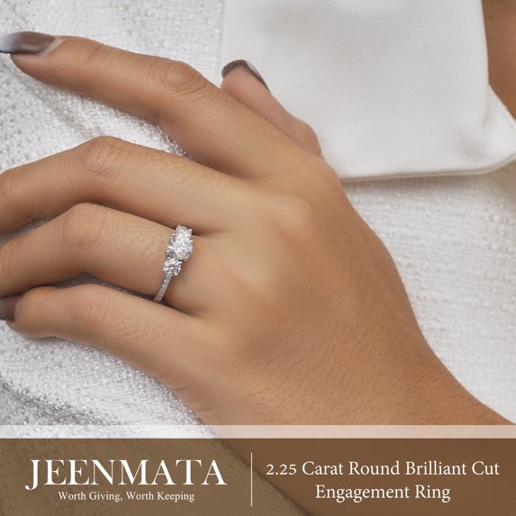JeenMata 2.25 Carat Round Brilliant Cut Lab Grown Diamond-Three Stone Engagement Rings in 18K White Gold Plating for Women