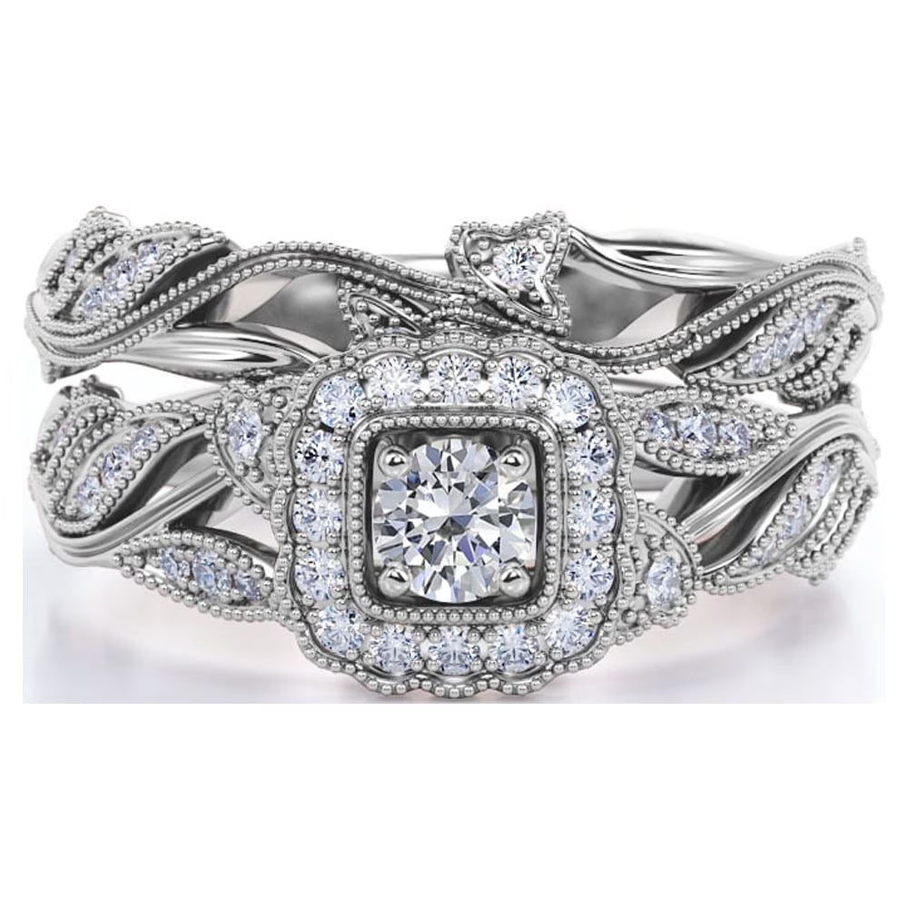 JeenMata Antique - Round Lab Grown Diamond - Edwardian Diamond Filigree Ring - Art Deco Style - Wedding Ring Set in 10K White Gold