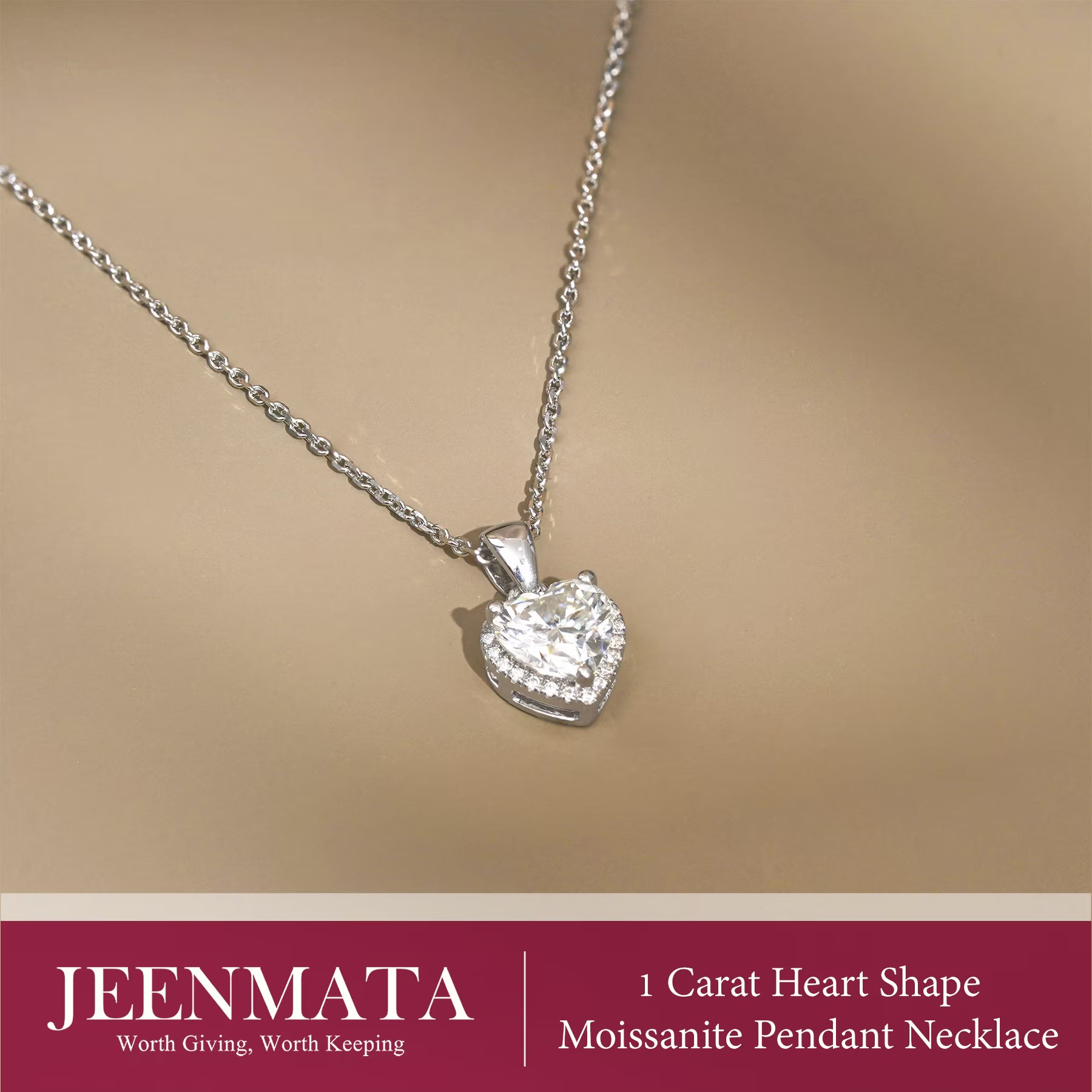 JeenMata Forever Heart 1 Carat - Moissanite - April Pendant Necklace in 18K White Gold Plating over Silver