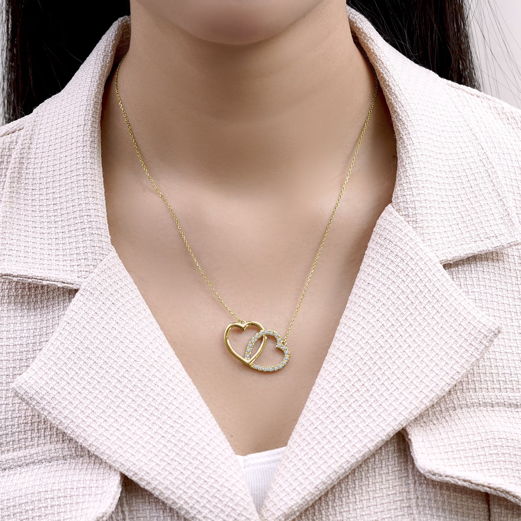 JeenMata Lab Grown Diamond Interlocking Heart Shape Pendant Necklace in Yellow Gold Plating