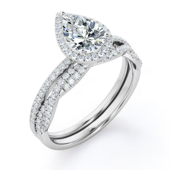 JeenMata Halo Pave Design - 1.25 Carat Teardrop Moissanite - Infinity Twisted Shank Wedding Ring Set - 18K Rose Gold Plating for Women