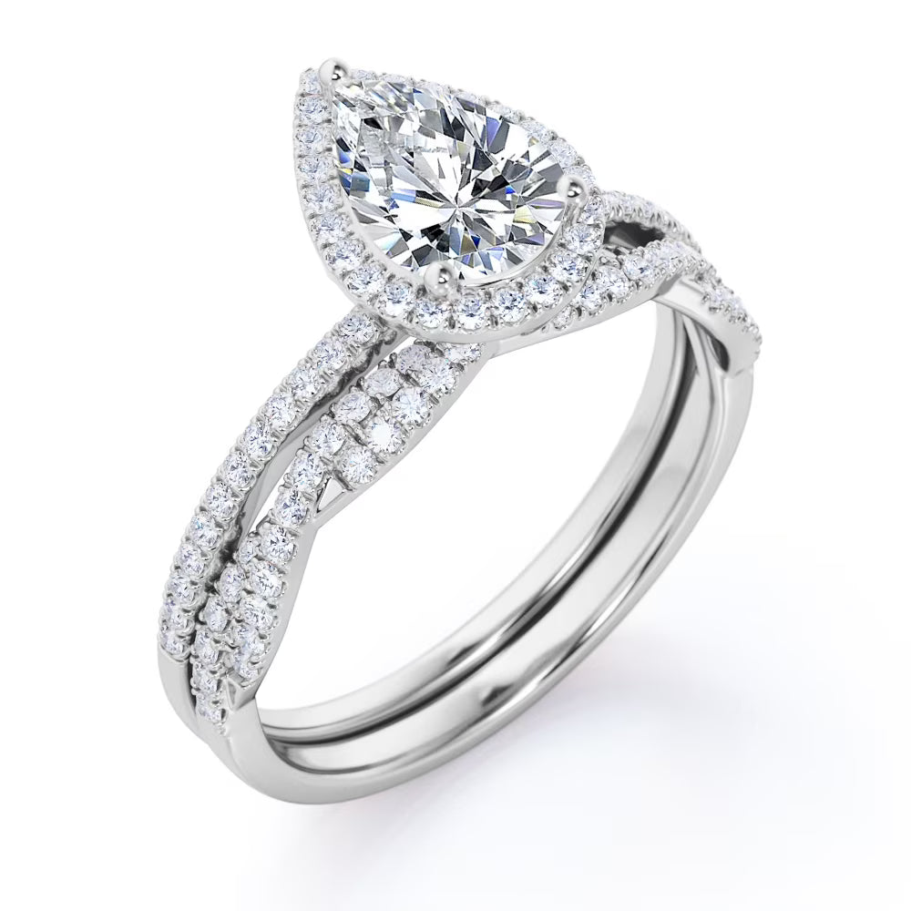 JeenMata Halo Pave Design - 1.25 Carat Teardrop Moissanite - Infinity Twisted Shank Wedding Ring Set - 18K White Gold Plating for Women
