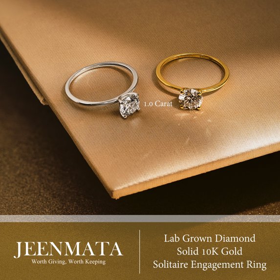 JeenMata Lab Grown Diamond 1 Carat Round Cut Solitaire Engagement Ring in Real Solid 10K White Gold for Women, Gift for Her, Female, Girlfriend
