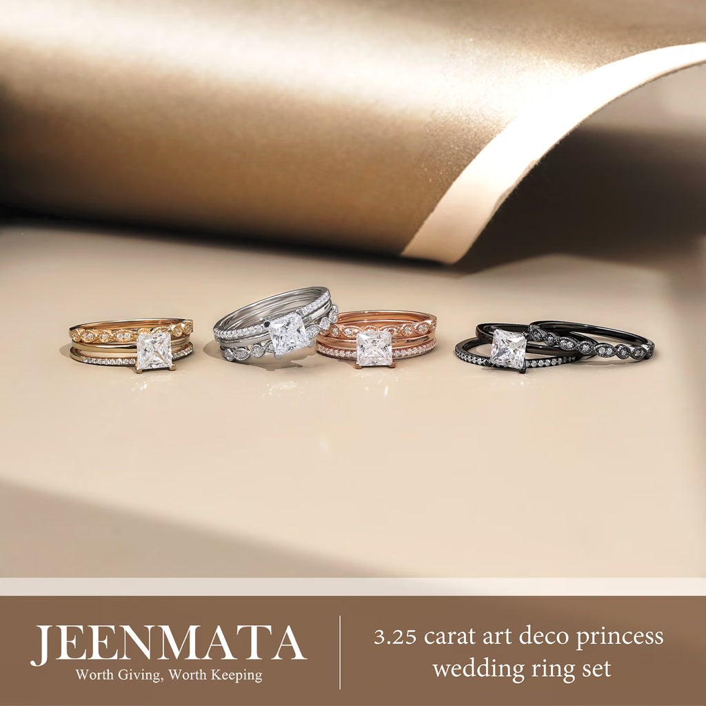 JeenMata 3.25 Carat Princess Wedding Ring Set - Bridal Set - Wedding Trio Set - Engagement Ring - Art Deco Ring - Promise Ring - Sterling Silver