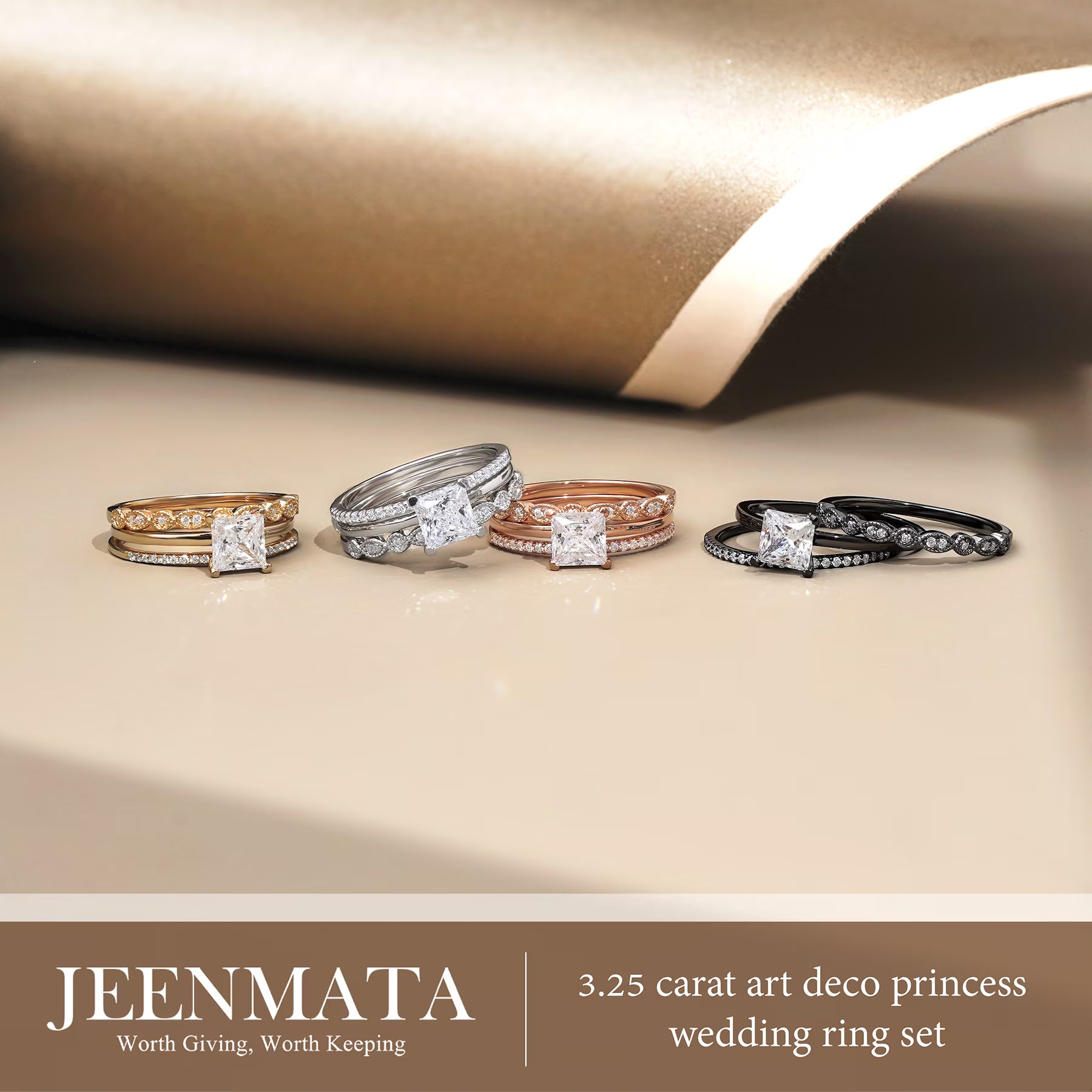 JeenMata 3.25 Carat Princess Wedding Ring Set - Bridal Set - Wedding Trio Set - Engagement Ring - Art Deco Ring - Promise Ring - Sterling Silver